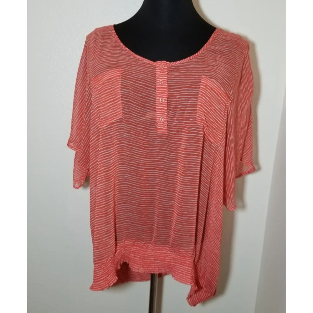 Torrid Plus Sz 3 Orange Semi Sheer Stripe Short Sleeve Blouse Retro Coastal Boho